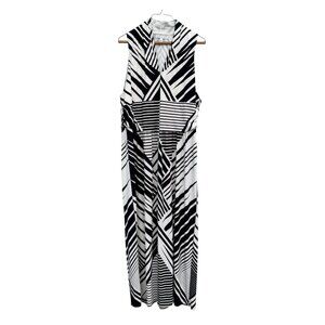 Chaus Geometric Stripe Maxi Dress XL Womens VNeck Sleeveless Black White Optical